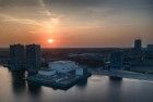 Drone sunset over Almere city centre