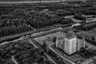 Black & white drone picture of Almere Castle