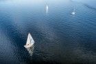 Drone picture of sailing boats on lake Gooimeer