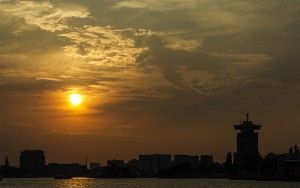 Sunset over the IJ river in Amsterdam