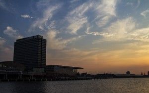 Sunset over the IJ river in Amsterdam