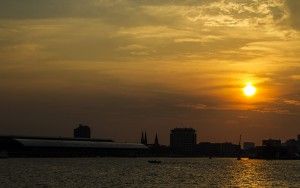 Sunset over the IJ river in Amsterdam