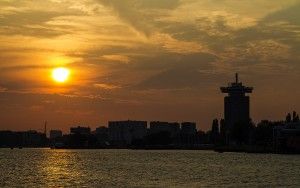 Sunset over the IJ river in Amsterdam