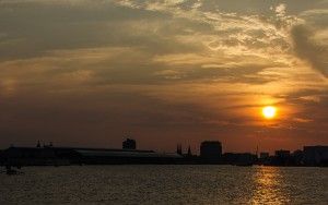 Sunset over the IJ river in Amsterdam