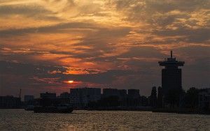 Sunset over the IJ river in Amsterdam