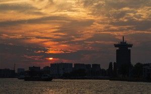 Sunset over the IJ river in Amsterdam