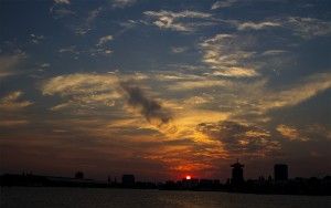 Sunset over the IJ river in Amsterdam