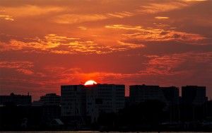 Sunset over the IJ river in Amsterdam