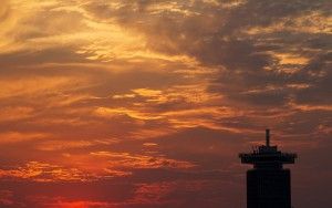 Sunset over the IJ river in Amsterdam