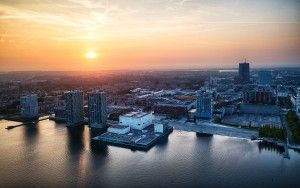 Drone sunset over Almere city centre