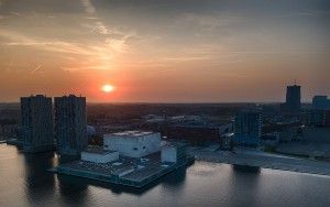 Drone sunset over Almere city centre