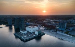 Drone sunset over Almere city centre