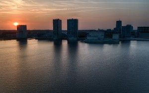 Drone sunset over Almere city centre