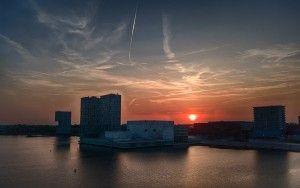 Drone sunset over Almere city centre