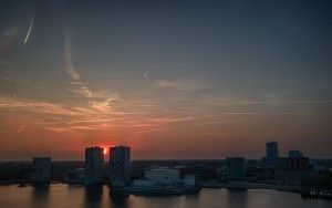 Drone sunset over Almere city centre