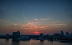 Drone sunset over Almere city centre