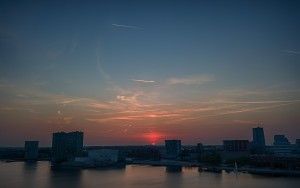 Drone sunset over Almere city centre