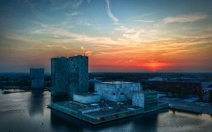 Drone sunset over Almere city centre