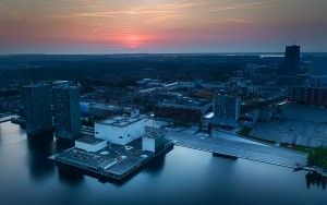 Drone sunset over Almere city centre