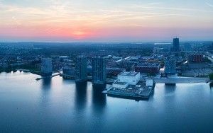 Panorama sunset over Almere city centre by drone