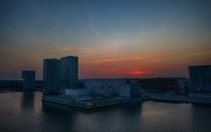 Drone sunset over Almere city centre