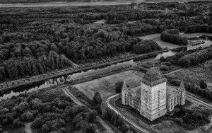Black & white drone picture of Almere Castle