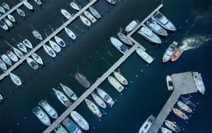 Marina of Huizen by drone during sunset