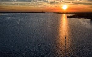 Sunset drone flight over lake Gooimeer