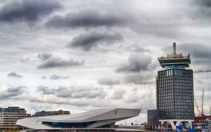 EYE film museum and A'DAM Toren on a cloudy day