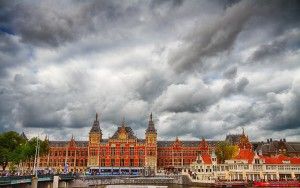 Amsterdam Central Station on a cloudy day