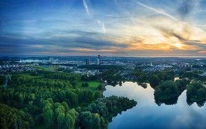 Sunset drone panorama of lake Leeghwaterplas