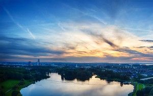 Panorama of lake Leeghwaterplas during sunset