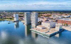 Almere city centre by drone next to lake Weerwater 