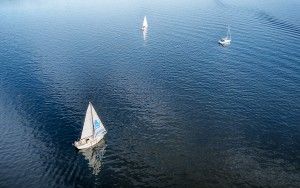Drone picture of sailing boats on lake Gooimeer