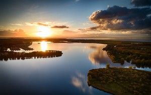 Drone sunset over lake Noorderplassen