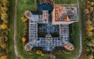 Top-down drone sunset of Almere Castle