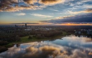 Drone sunset over lake Noorderplassen