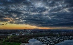 Drone sunset over lake Noorderplassen