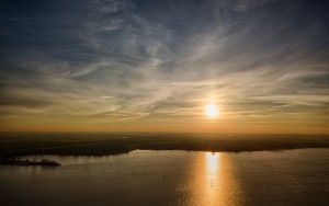 Sunset drone view over lake IJmeer