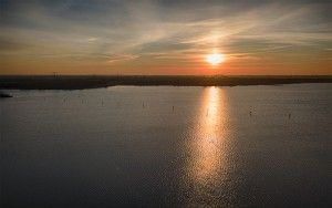 Sunset drone view over lake IJmeer