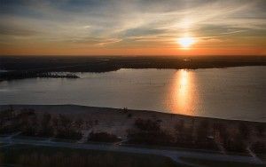 Sunset drone view over lake IJmeer