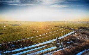 Drone picture of windmill during sunset