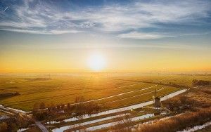 Sunset drone picture of fields near Weesp