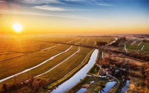 Sunset drone picture of fields near Weesp