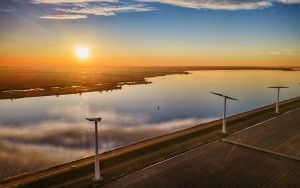 Sunset drone picture of windmills on Eemmeerdijk