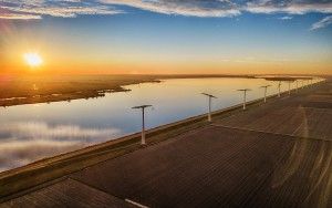 Windmills, fields and lake Eemmeer from my drone during sunset