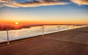 Sunset drone picture of lake Eemmeer and the windmills on Eemmeerdijk