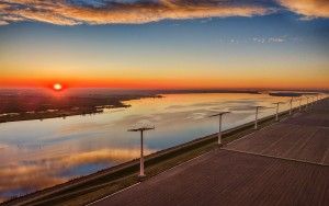 Sunset drone picture of lake Eemmeer and the windmills on Eemmeerdijk