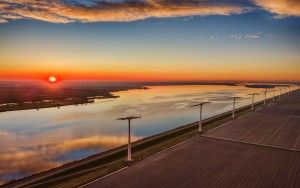 Sunset drone picture of lake Eemmeer and the windmills on Eemmeerdijk