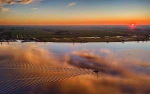 Drone picture of lake Eemmeer during sunset